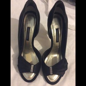 Black Satin Peep Toe Pumps